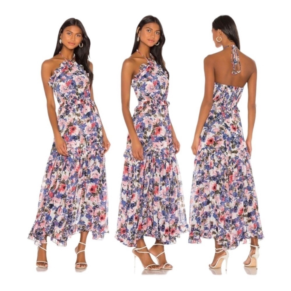 MISA Los Angeles dallin floral print halter ruffle ruched tiered maxi dress S